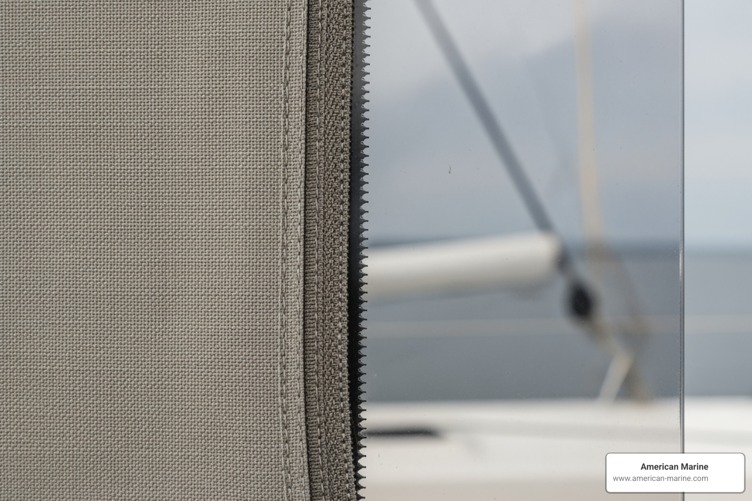 close-up on marine-grade fabric and a clear polycarbonate window - boat bimini top with full enclosure