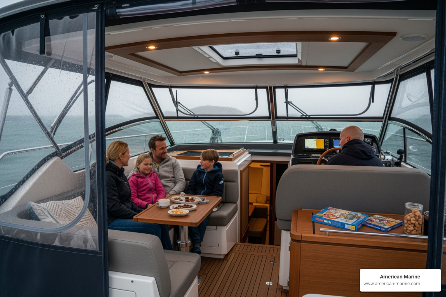 boat cockpit fully enclosed showing passengers enjoying the space in rainy or windy conditions - boat bimini top with full enclosure