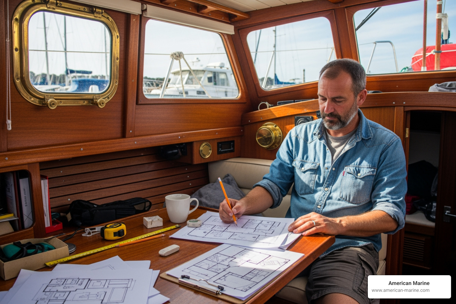 Boat owner sketching renovation plans on a clipboard inside a cabin - Boat interior renovation Boat owner sketching renovation plans on a clipboard inside a cabin - Boat interior renovation