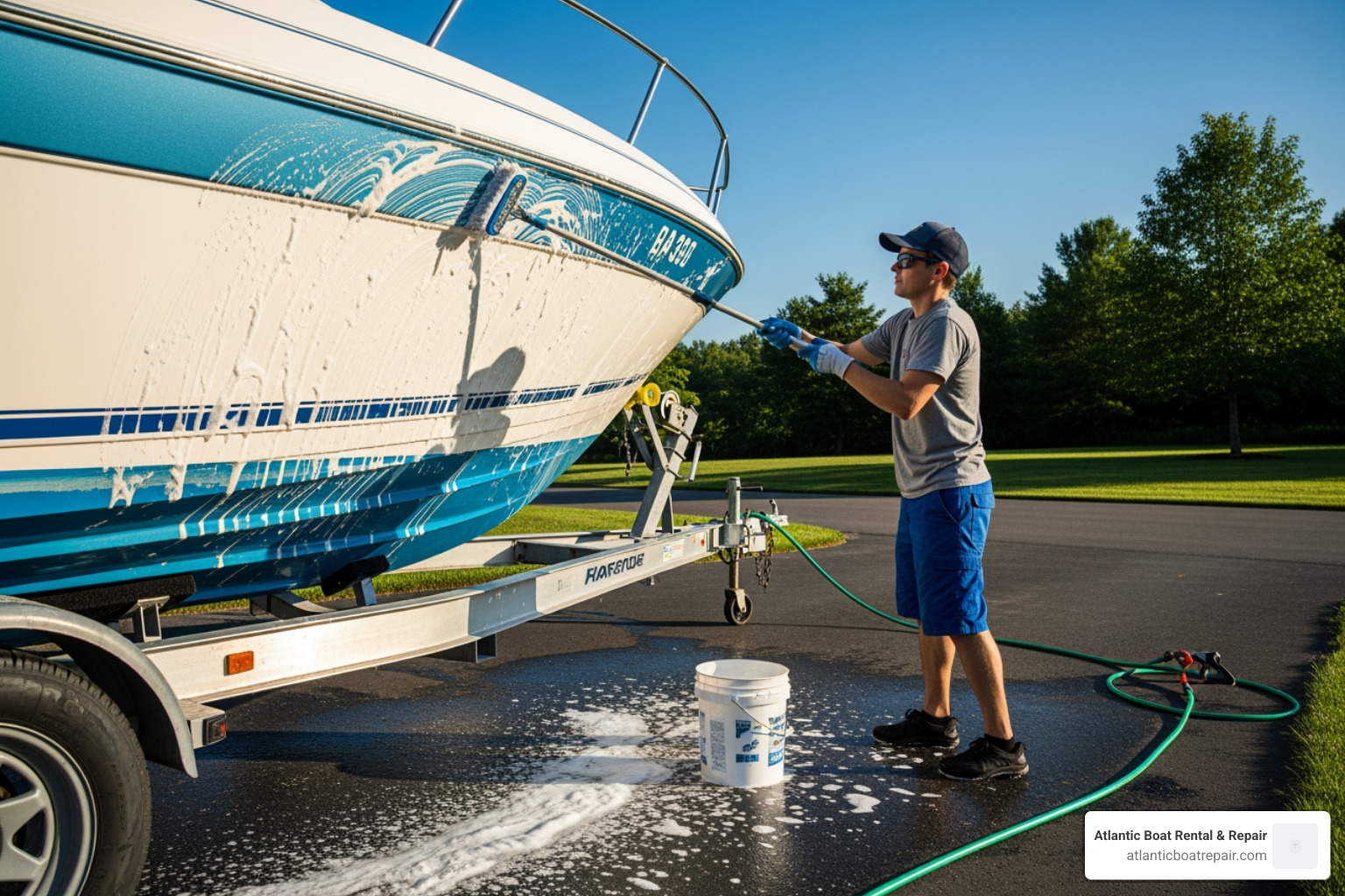 boat being washed and prepped - Gel coat waxing