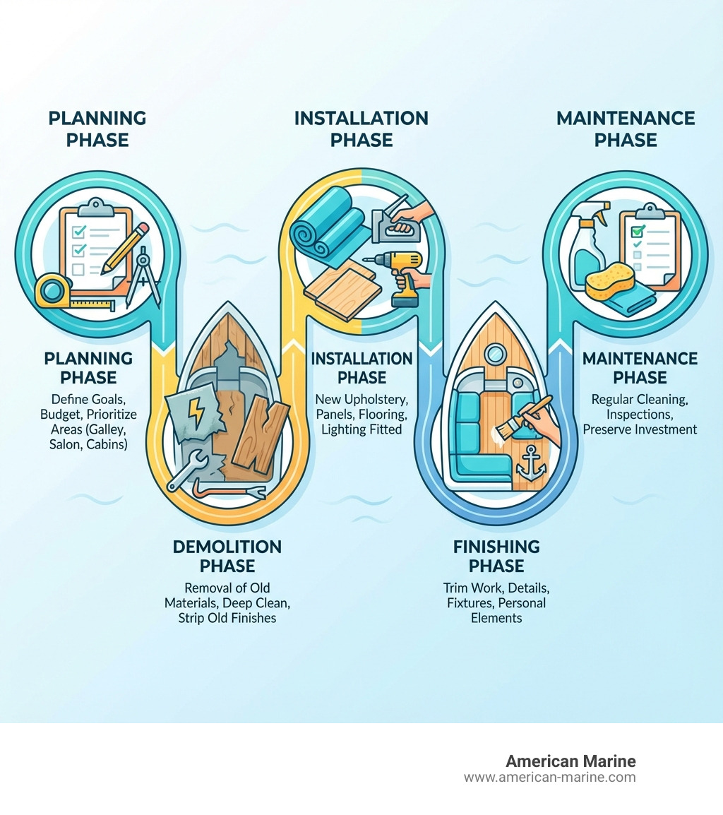 infographic showing the 5 key phases of boat interior renovation: Planning phase with clipboard and measurements, Demolition phase with removal of old materials, Installation phase with new upholstery and panels being fitted, Finishing phase with trim work and details, and Maintenance phase with cleaning supplies and inspection checklist - Boat interior renovation infographic infographic showing the 5 key phases of boat interior renovation: Planning phase with clipboard and measurements, Demolition phase with removal of old materials, Installation phase with new upholstery and panels being fitted, Finishing phase with trim work and details, and Maintenance phase with cleaning supplies and inspection checklist - Boat interior renovation infographic