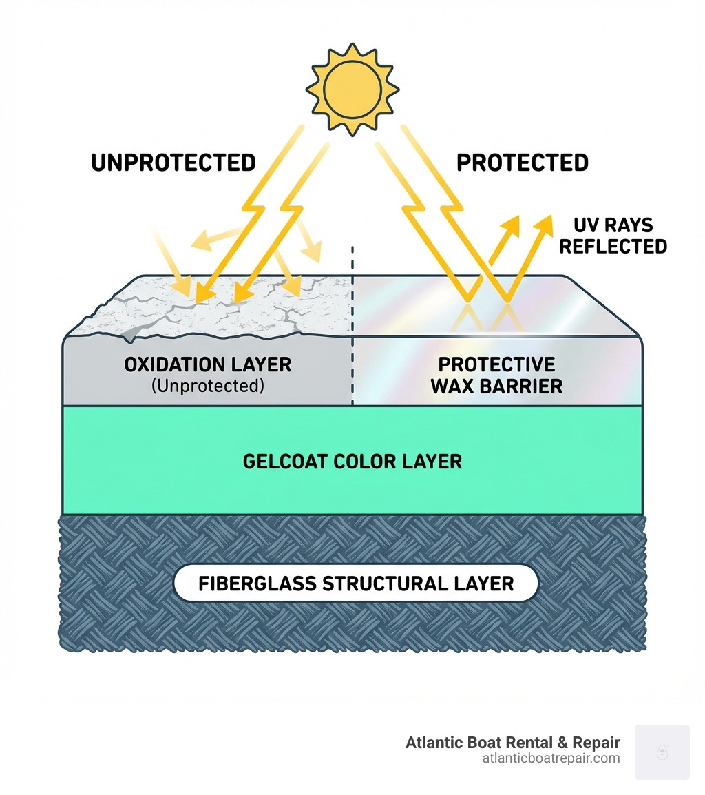 Infographic showing the layers of a boat's hull from bottom to top: fiberglass structural layer, gelcoat color layer, oxidation layer when unprotected, and protective wax barrier on top with UV rays being reflected away - Gel coat waxing infographic 
