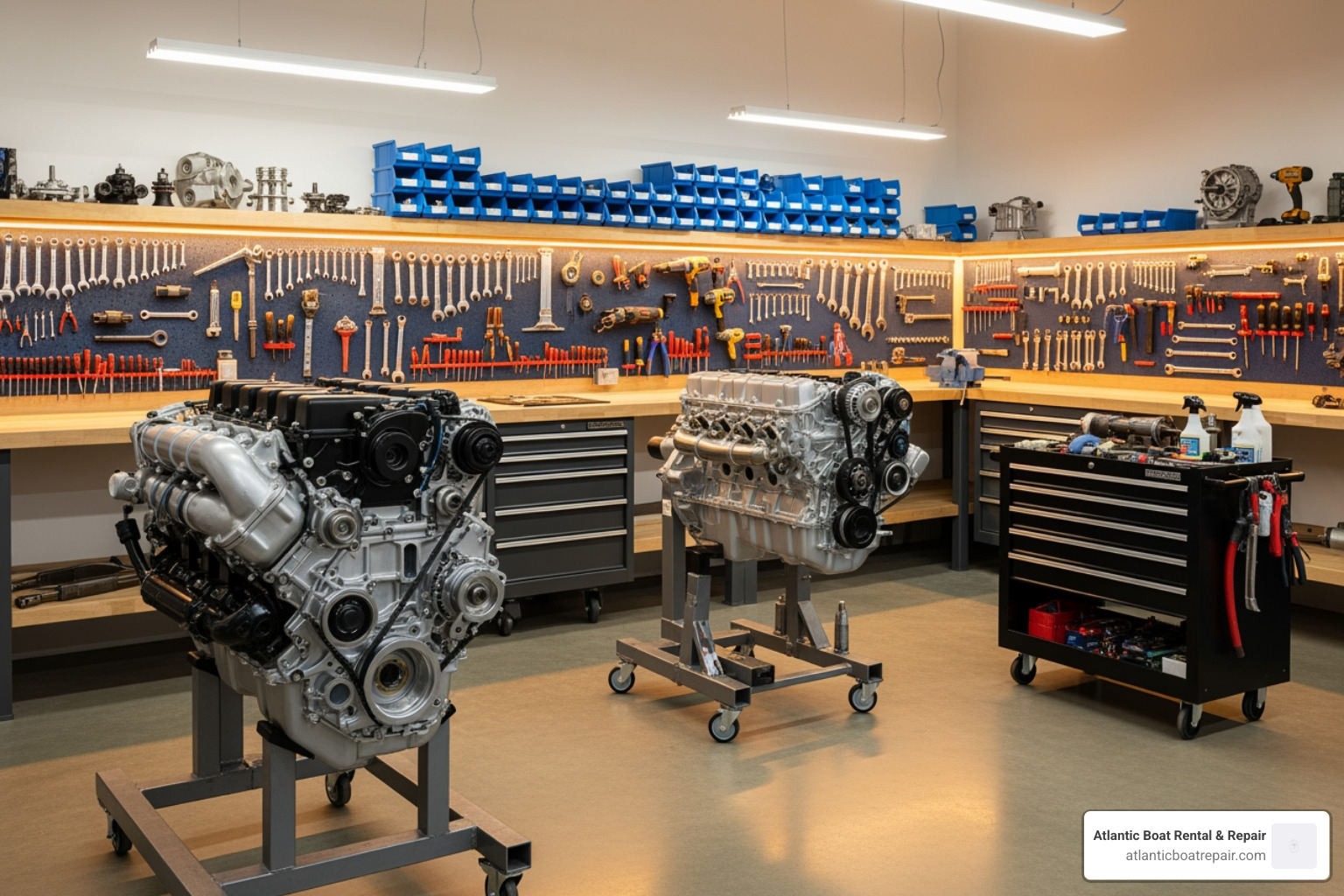 Clean, organized boat repair workspace - mercury outboard powerhead gasket replacement