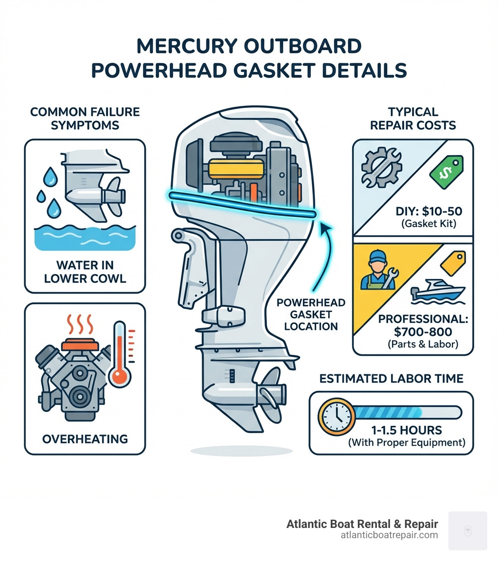 Infographic showing Mercury outboard powerhead gasket location, common failure symptoms including water in lower cowl and overheating, typical repair costs of $10-50 DIY vs $700-800 professional, and estimated 1-1.5 hour labor time with proper equipment - mercury outboard powerhead gasket replacement infographic 