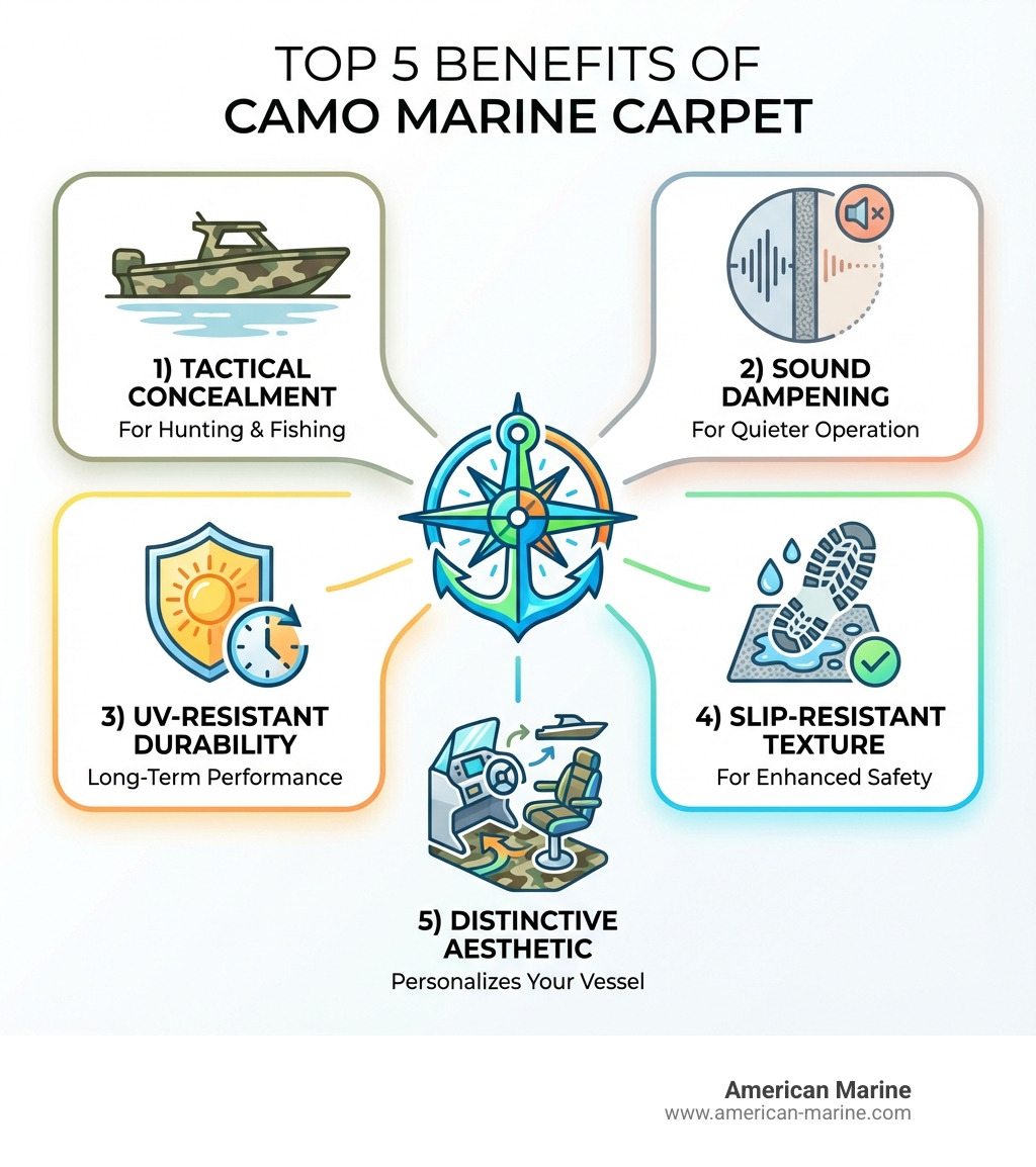 Infographic showing the top 5 benefits of camo marine carpet: 1) Tactical concealment for hunting and fishing, 2) Sound dampening for quieter operation, 3) UV-resistant durability for long-term performance, 4) Slip-resistant texture for safety, 5) Distinctive aesthetic that personalizes your vessel - camo marine carpet infographic Infographic showing the top 5 benefits of camo marine carpet: 1) Tactical concealment for hunting and fishing, 2) Sound dampening for quieter operation, 3) UV-resistant durability for long-term performance, 4) Slip-resistant texture for safety, 5) Distinctive aesthetic that personalizes your vessel - camo marine carpet infographic