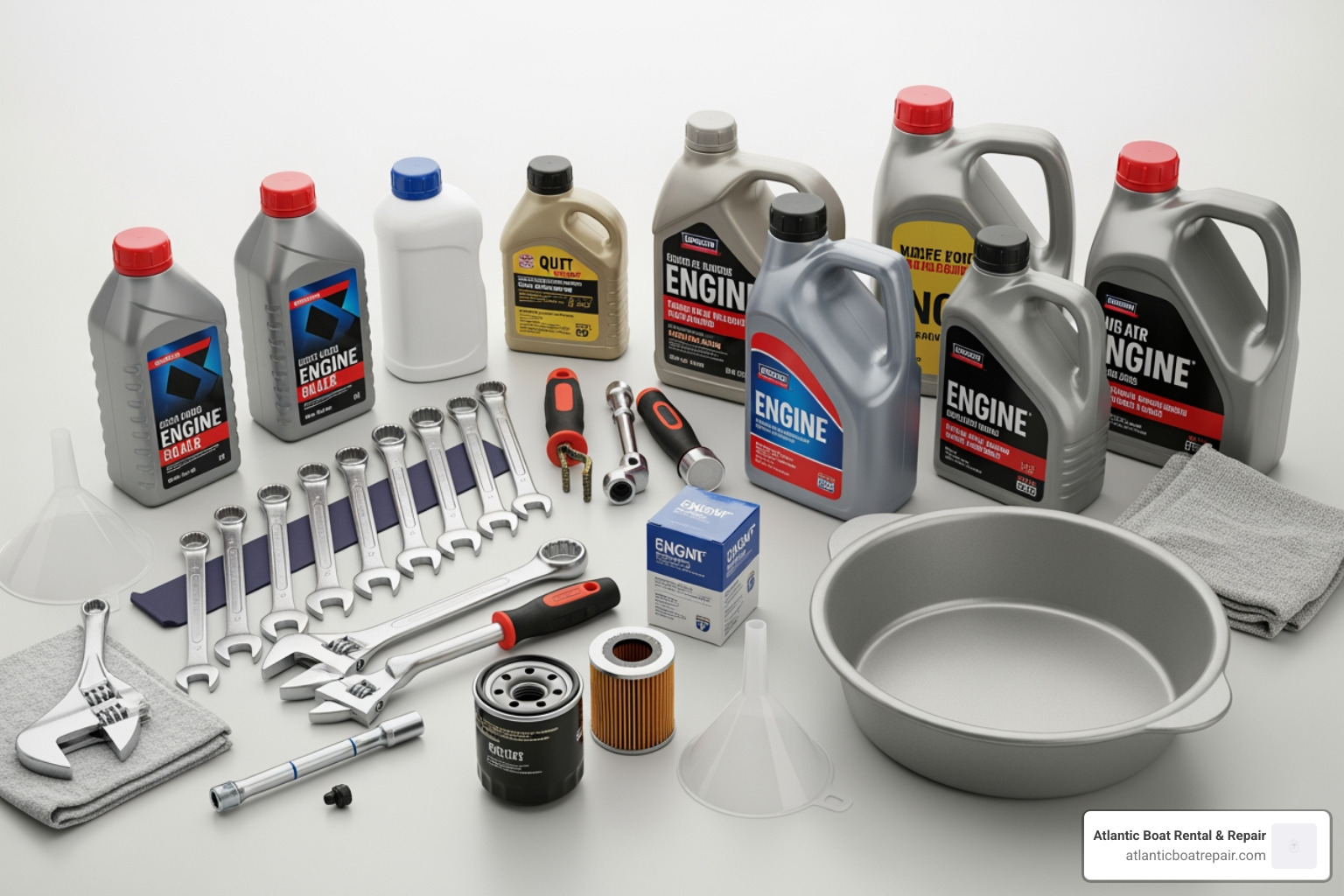 all the necessary tools and supplies for an engine oil change laid out neatly - engine oil change