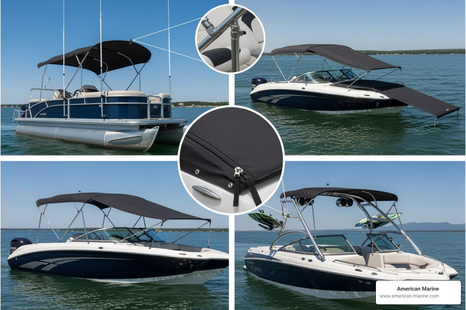 collage of different bimini extension types on various boats - boat bimini extension