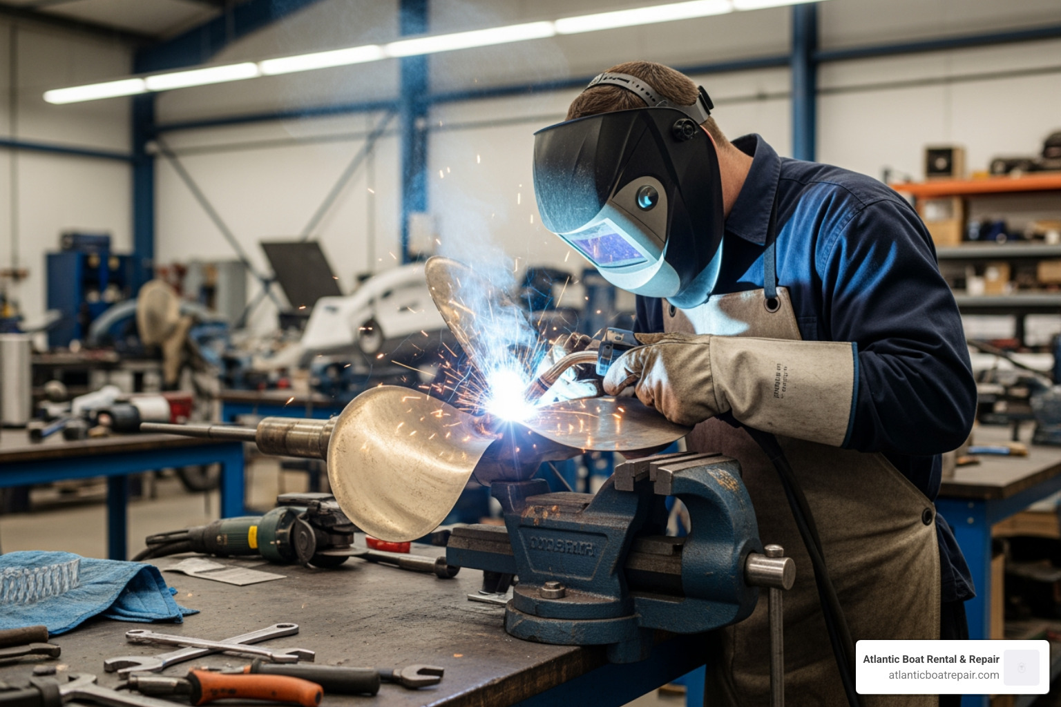 technician welding a propeller blade - boat propeller repair near me