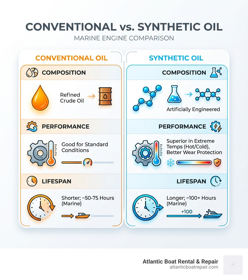 table comparing Conventional vs. Synthetic Oil - engine oil change infographic 
