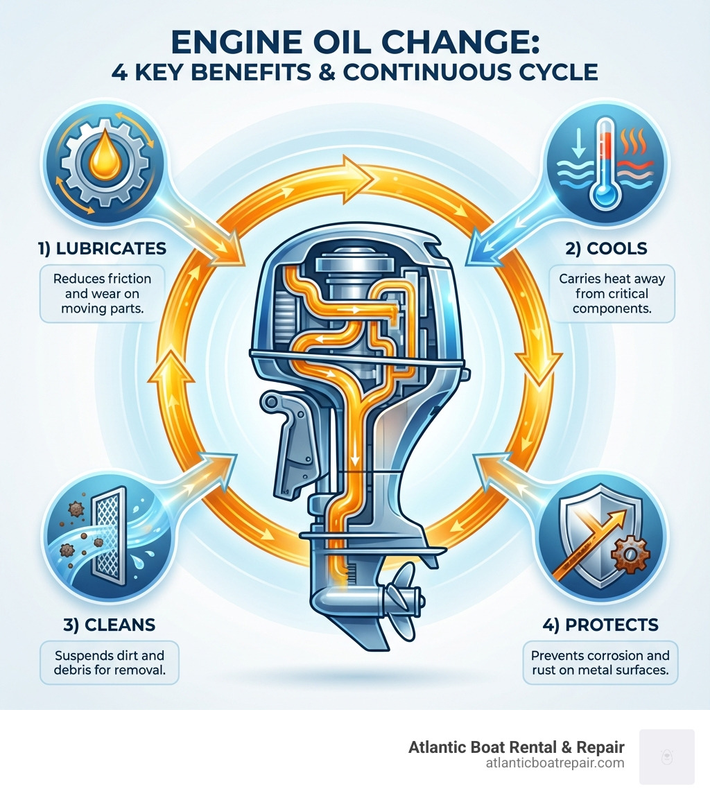 infographic showing the four key benefits of regular engine oil changes: 1) Lubricates moving parts to reduce friction and wear, 2) Cools the engine by carrying heat away from critical components, 3) Cleans by suspending dirt and debris for removal, 4) Protects metal surfaces from corrosion and rust. Each benefit includes a simple icon and brief description, with arrows showing the continuous cycle of oil circulation through the engine - engine oil change infographic 