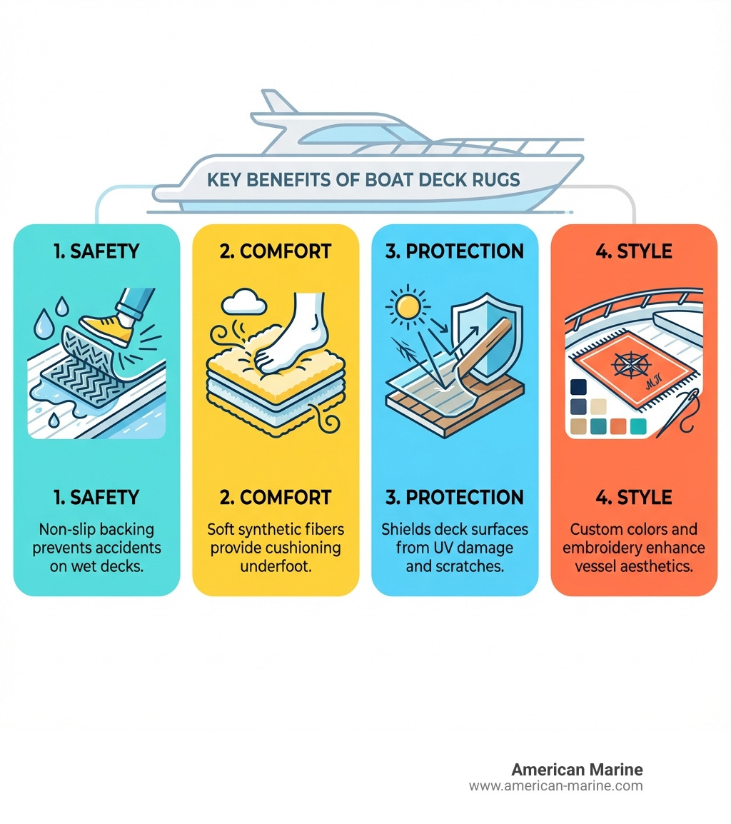 infographic showing four key benefits of boat deck rugs: 1. Safety - non-slip backing prevents accidents on wet decks, 2. Comfort - soft synthetic fibers provide cushioning underfoot, 3. Protection - shields deck surfaces from UV damage and scratches, 4. Style - custom colors and embroidery enhance vessel aesthetics - boat deck rugs infographic 