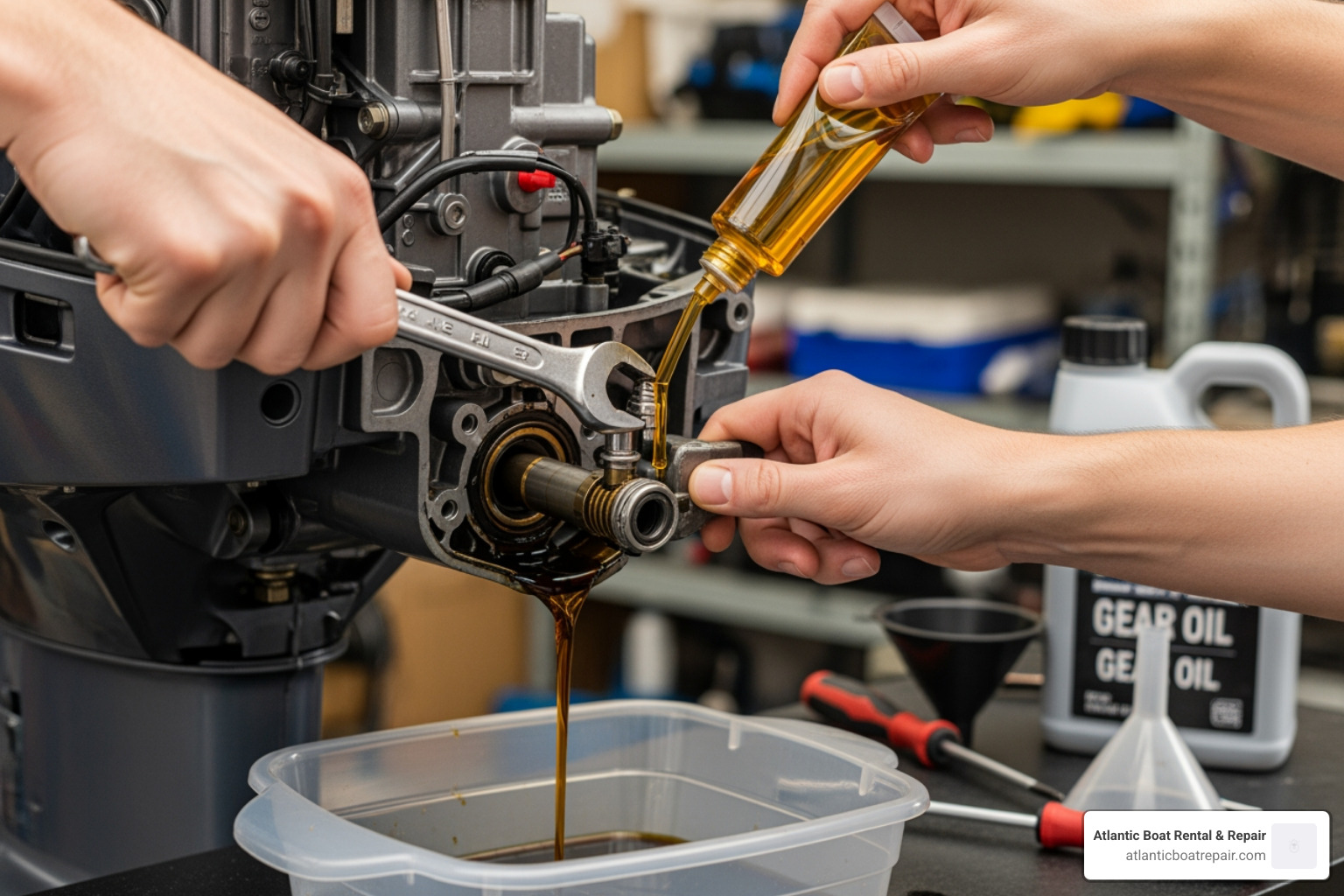 all necessary tools and supplies laid out neatly on a workbench - lower unit oil change
