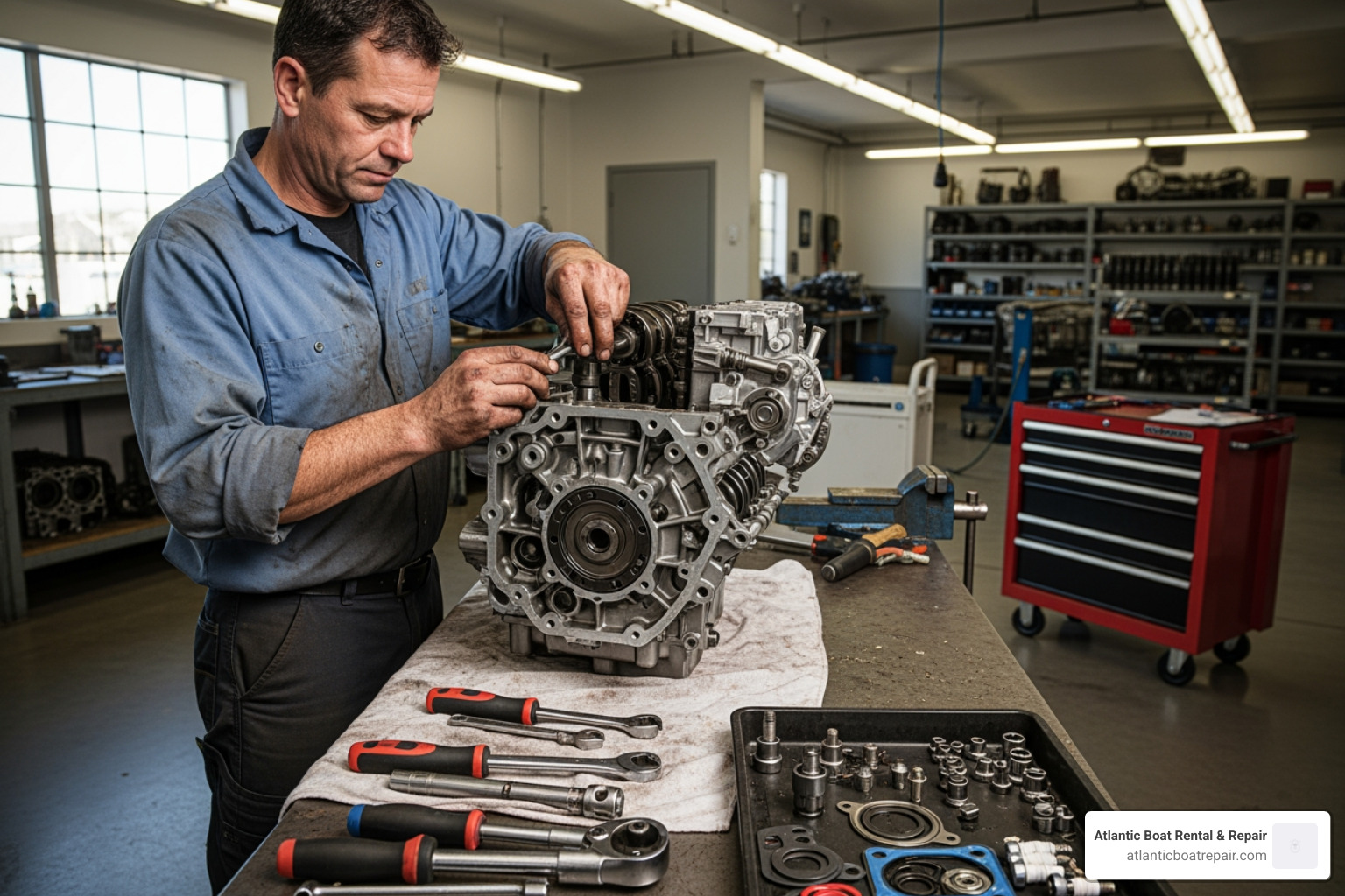 mechanic working on disassembled outboard engine block - outboard head gasket replacement cost