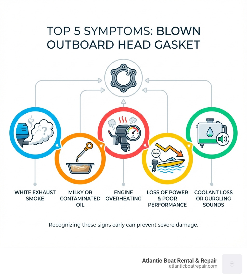 Infographic showing the top 5 symptoms of a blown outboard head gasket: white exhaust smoke, milky or contaminated oil, engine overheating, loss of power and poor performance, and coolant loss or gurgling sounds from the cooling system - outboard head gasket replacement cost infographic 