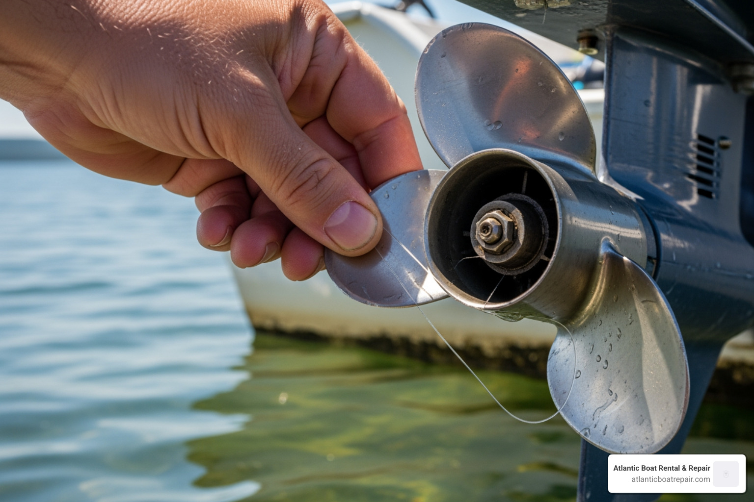 hand inspecting a propeller for damage or fishing line - outboard engine maintenance