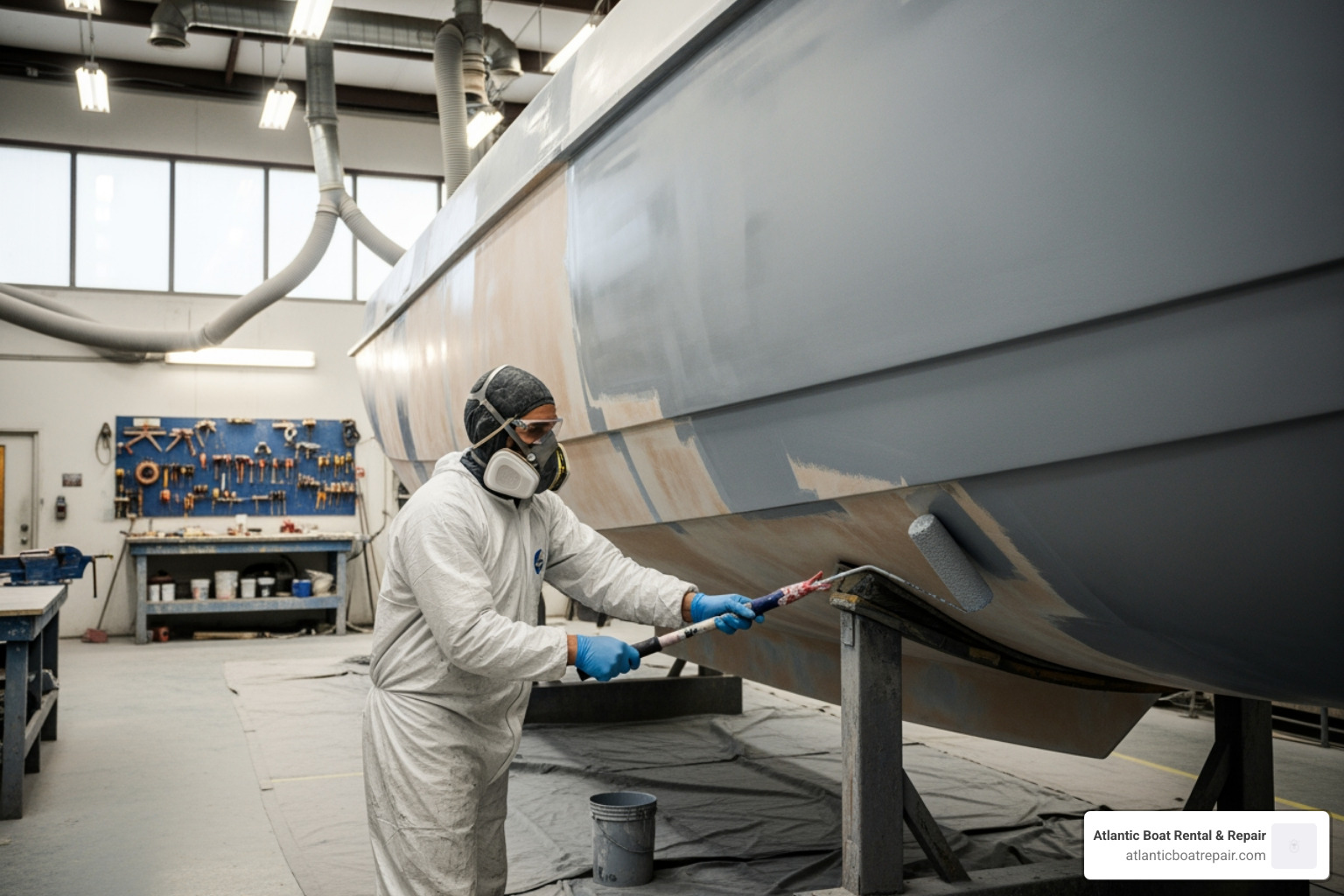 professional applying an epoxy primer to a boat hull - Fiberglass hull protection
