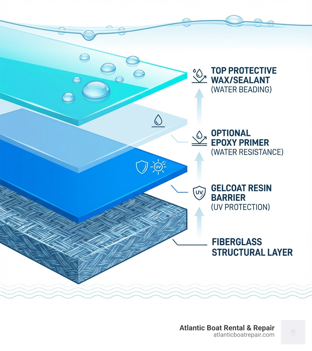 Infographic showing the protective layers of a fiberglass boat hull from bottom to top: fiberglass structural layer, gelcoat resin barrier layer with UV protection, optional epoxy primer barrier for water resistance, and top protective wax or sealant layer with water beading effect - Fiberglass hull protection infographic 