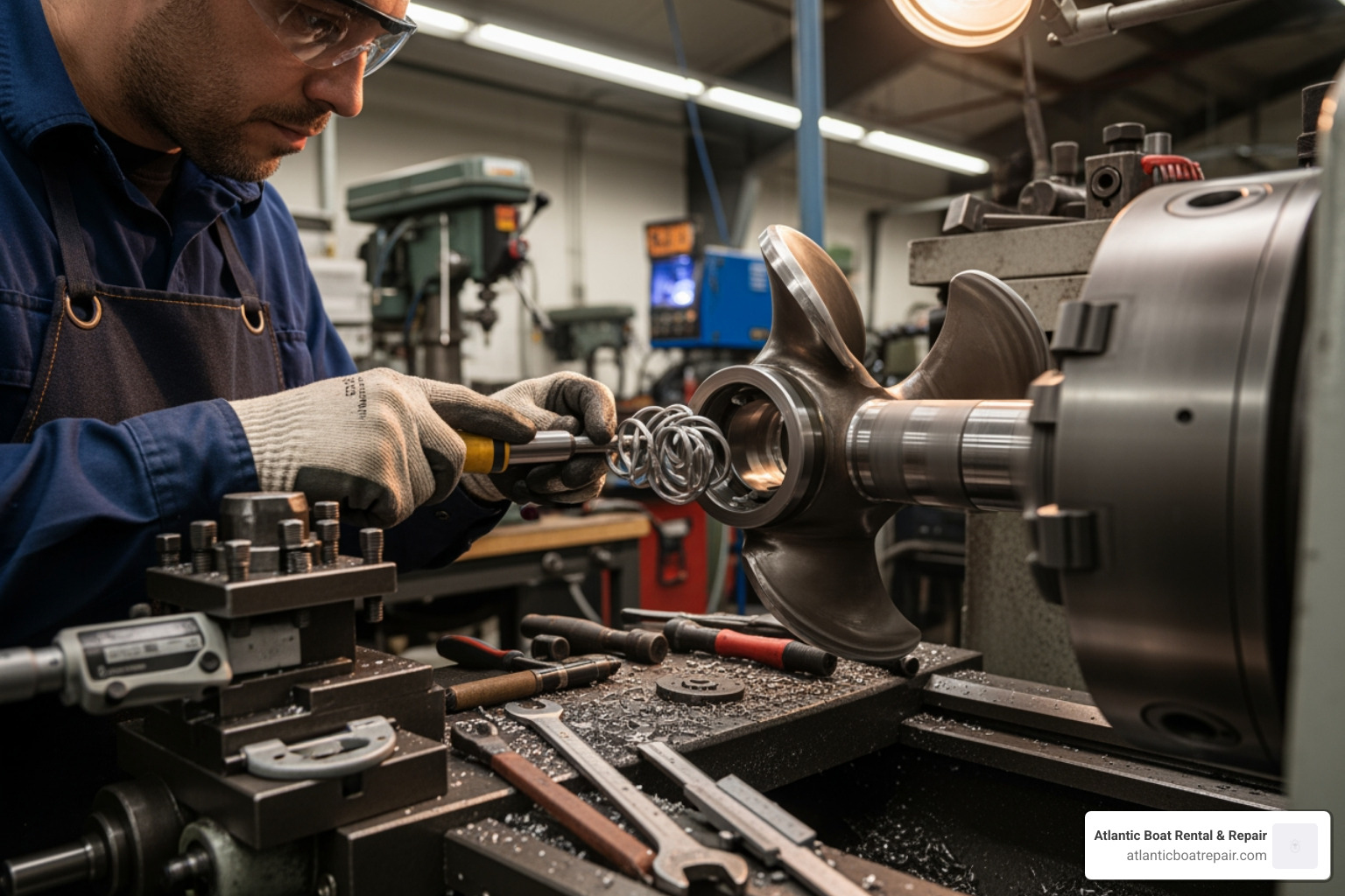 technician working on a prop shaft in a lathe - prop shaft repair
