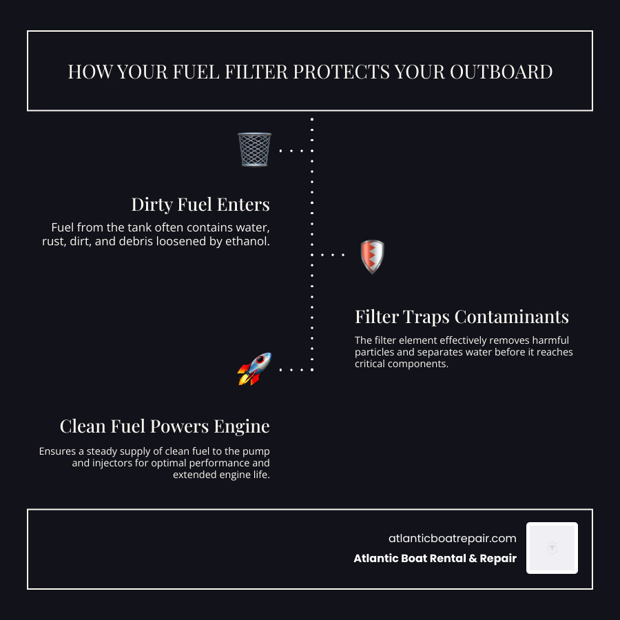Infographic showing how a marine fuel filter protects an outboard engine: dirty fuel enters from the fuel tank containing water droplets, rust particles, dirt, and ethanol-loosened debris; the fuel filter traps these contaminants; clean fuel exits to the fuel pump and injectors; result is smooth engine performance, protected components, and reliable operation on the water - fuel filter change infographic infographic-line-3-steps-dark