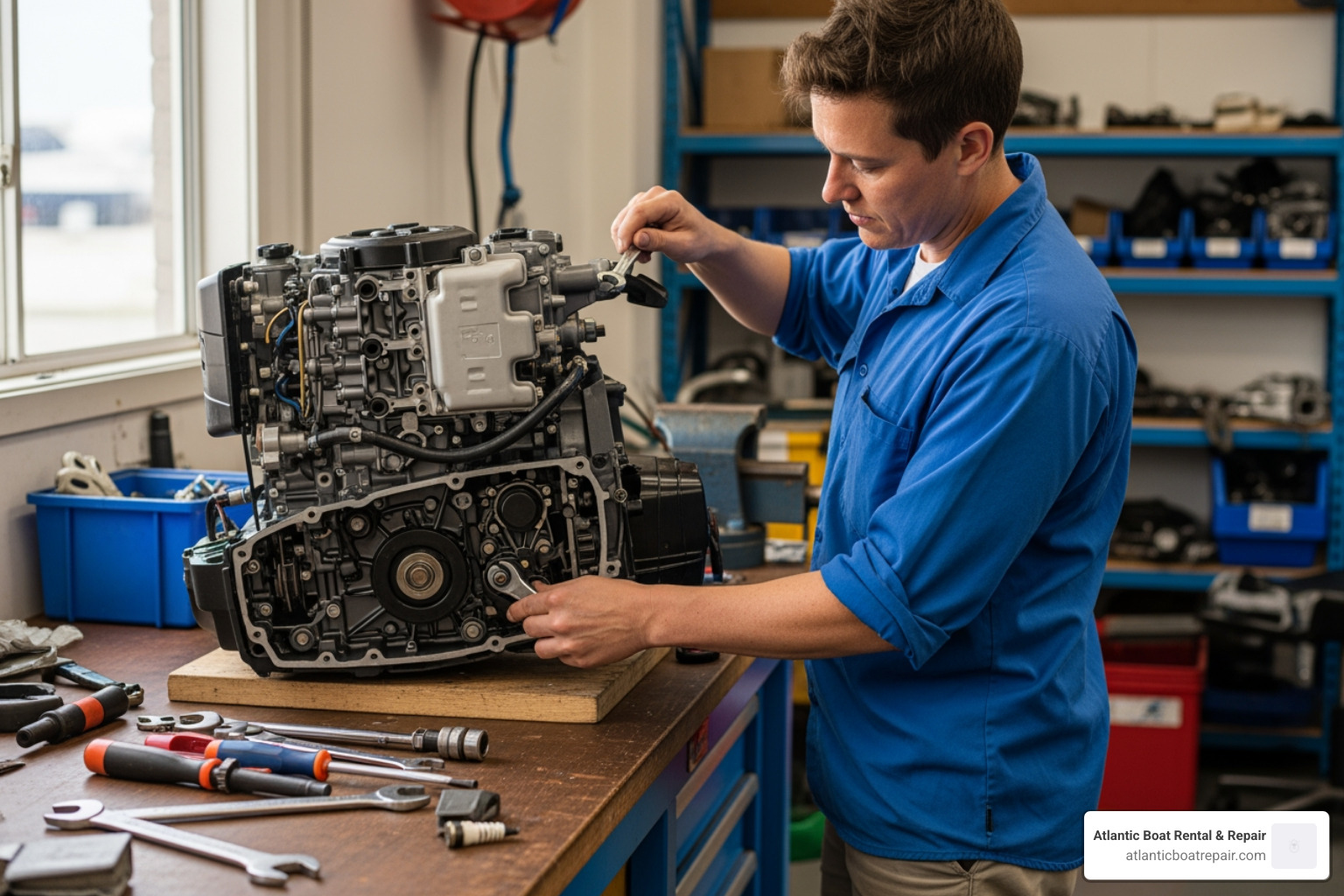 person working on outboard engine - fuel filter change