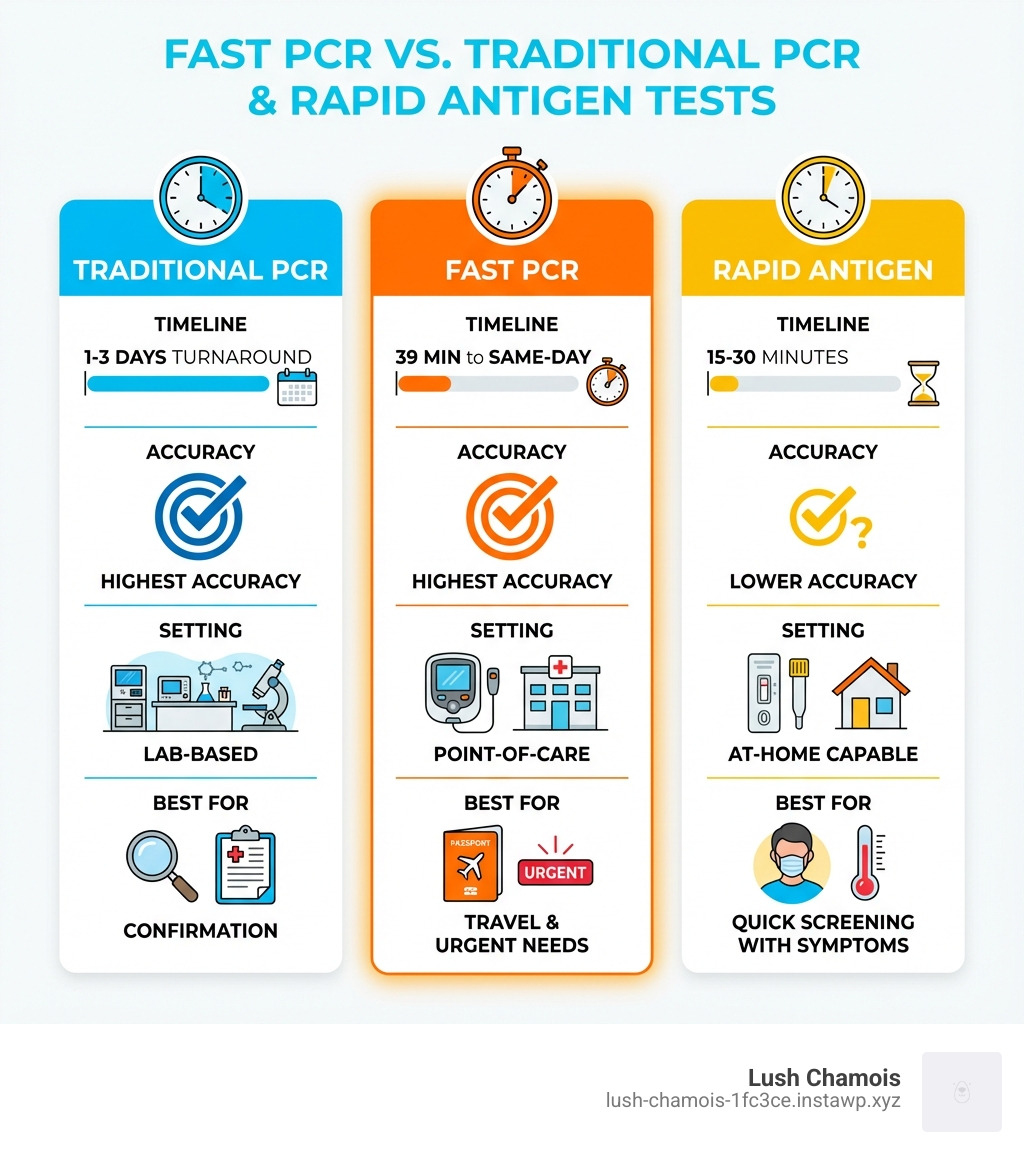 Infographic comparing Fast PCR Testing with Traditional PCR and Rapid Antigen Tests, showing three columns: Traditional PCR (1-3 days turnaround, highest accuracy, lab-based, best for confirmation), Fast PCR (39 minutes to same-day, highest accuracy, point-of-care, best for travel and urgent needs), and Rapid Antigen (15-30 minutes, lower accuracy, at-home capable, best for quick screening with symptoms) - Fast PCR testing infographic 