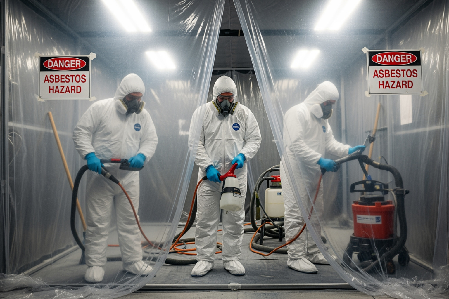 Abatement workers in full Personal Protective Equipment (PPE) inside a contained work area - Asbestos Abatement Site Preparation