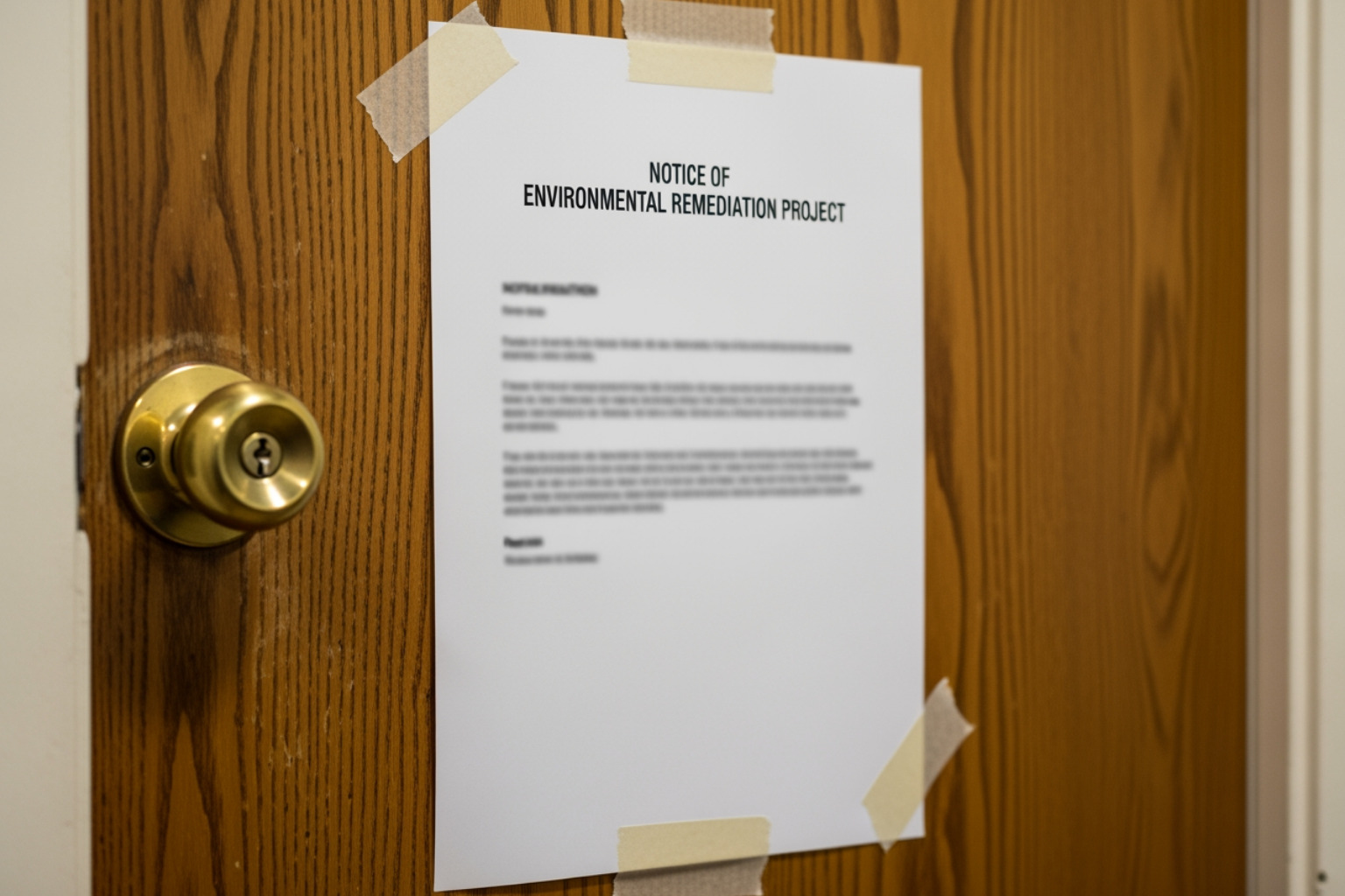 Notification letter posted on a door detailing an upcoming asbestos abatement project - Asbestos Abatement Site Preparation