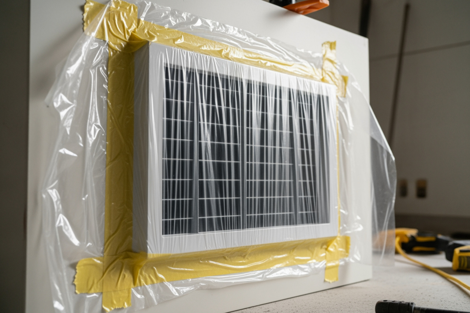 Sealed HVAC vent with plastic and tape to prevent asbestos fiber spread - Asbestos Abatement Site Preparation