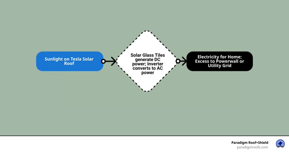 infographic showing tesla solar roof system flow: solar glass tiles capture sunlight and convert to DC power, inverter converts DC to AC power for home use, excess power stored in powerwall battery or sent to utility grid, tesla app monitors system 24/7 - tesla solar roof infographic flowmap_simple infographic showing tesla solar roof system flow: solar glass tiles capture sunlight and convert to DC power, inverter converts DC to AC power for home use, excess power stored in powerwall battery or sent to utility grid, tesla app monitors system 24/7 - tesla solar roof infographic flowmap_simple