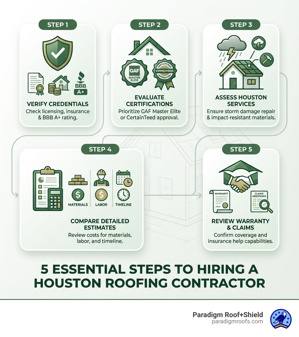 Infographic showing the 5 essential steps to hiring a Houston roofing contractor: Step 1 - Verify credentials including licensing, insurance, and local reputation with BBB A+ rating; Step 2 - Evaluate manufacturer certifications like GAF Master Elite or CertainTeed approval; Step 3 - Assess services tailored to Houston's climate including storm damage repair and impact-resistant materials; Step 4 - Compare detailed cost estimates for materials, labor, and timeline; Step 5 - Review warranty coverage and insurance claim assistance capabilities - Houston roofing contractor infographic Infographic showing the 5 essential steps to hiring a Houston roofing contractor: Step 1 - Verify credentials including licensing, insurance, and local reputation with BBB A+ rating; Step 2 - Evaluate manufacturer certifications like GAF Master Elite or CertainTeed approval; Step 3 - Assess services tailored to Houston's climate including storm damage repair and impact-resistant materials; Step 4 - Compare detailed cost estimates for materials, labor, and timeline; Step 5 - Review warranty coverage and insurance claim assistance capabilities - Houston roofing contractor infographic
