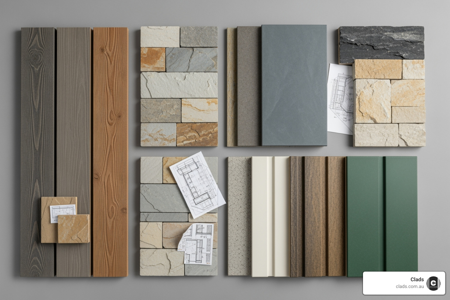 A flat lay of different cladding material samples including WPC, stone veneer, and fibre cement - exterior building cladding systems