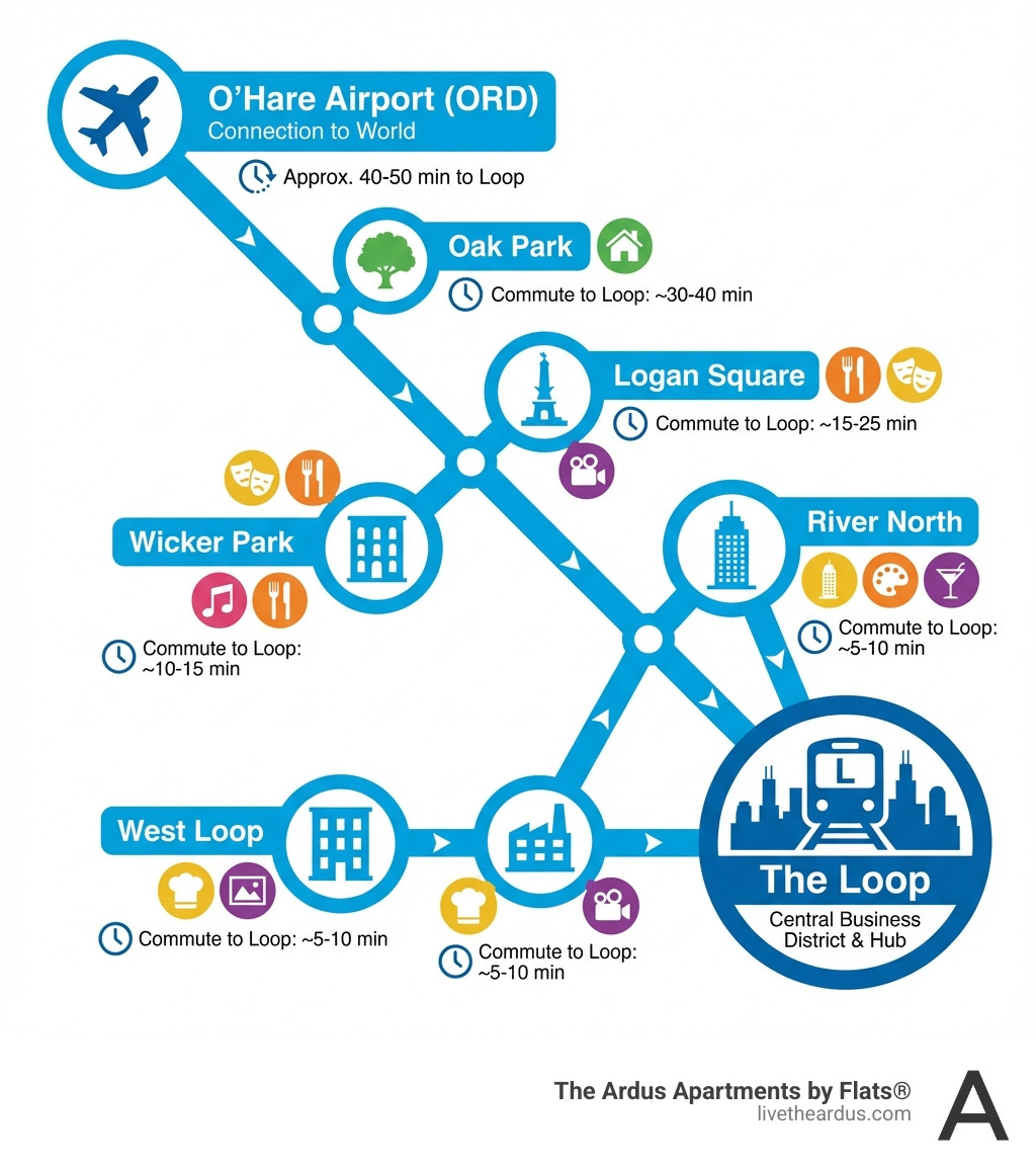 Infographic showing CTA Blue Line map of Chicago with key neighborhoods marked including River North, Wicker Park, Logan Square, West Loop, and Oak Park, with icons representing dining, arts venues, and O'Hare Airport connection, plus average commute times to the Loop from each area - Apartments close to CTA infographic 