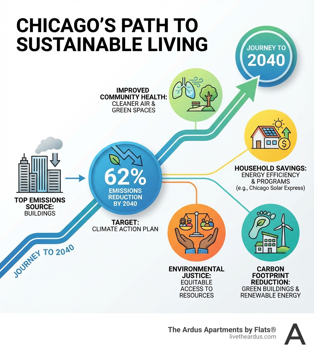 Infographic showing Chicago's path to sustainable living: 62% emissions reduction by 2040, buildings as top emissions source, benefits including improved community health through cleaner air and green spaces, household savings from energy efficiency programs like Chicago Solar Express, environmental justice through equitable access to resources, and carbon footprint reduction through green buildings and renewable energy - Sustainable living Chicago infographic 