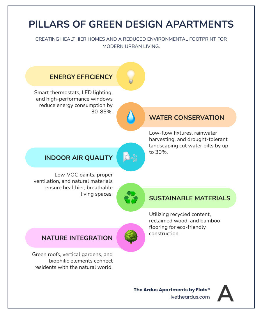 infographic showing four pillars of green design apartments: Energy Efficiency with solar panels and LED bulbs, Water Conservation with low-flow fixtures and rainwater collection, Indoor Air Quality with plants and ventilation systems, and Sustainable Materials with recycled and natural building components - Green design apartments infographic infographic-line-5-steps-colors infographic showing four pillars of green design apartments: Energy Efficiency with solar panels and LED bulbs, Water Conservation with low-flow fixtures and rainwater collection, Indoor Air Quality with plants and ventilation systems, and Sustainable Materials with recycled and natural building components - Green design apartments infographic infographic-line-5-steps-colors