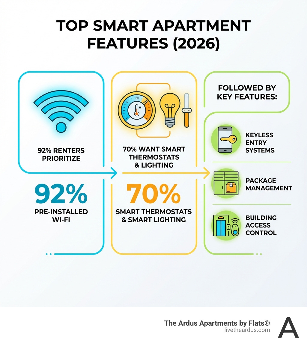 Infographic showing top smart apartment features: 92% of renters prioritize pre-installed Wi-Fi, 70% want smart thermostats and lighting, followed by keyless entry systems, package management, and building access control - Smart Home Apartments Chicago infographic 