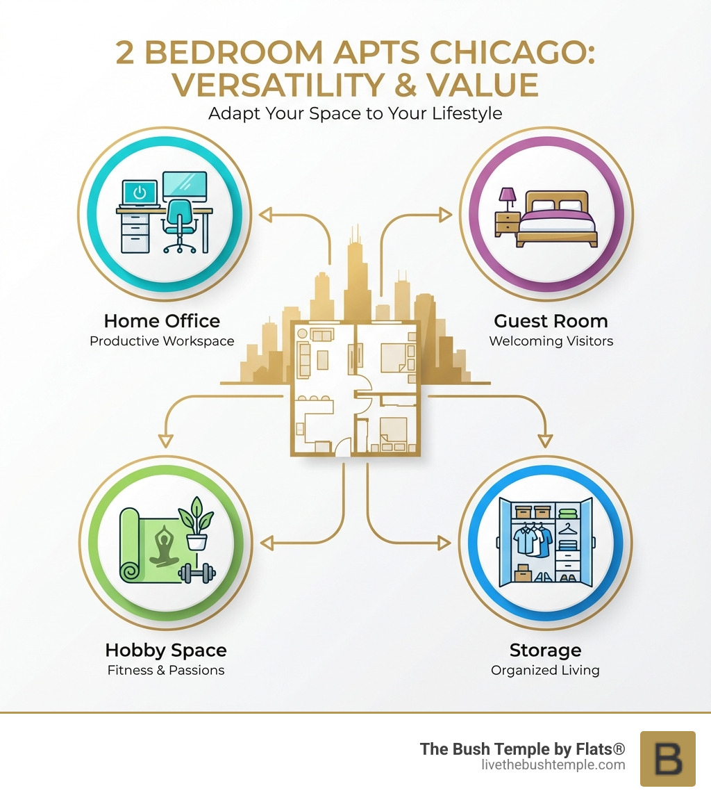 Infographic showing benefits of two-bedroom apartments: home office with desk and laptop icon, guest room with bed icon, hobby space with yoga mat icon, and storage with organized closet icon - 2 bedroom apts Chicago infographic Infographic showing benefits of two-bedroom apartments: home office with desk and laptop icon, guest room with bed icon, hobby space with yoga mat icon, and storage with organized closet icon - 2 bedroom apts Chicago infographic