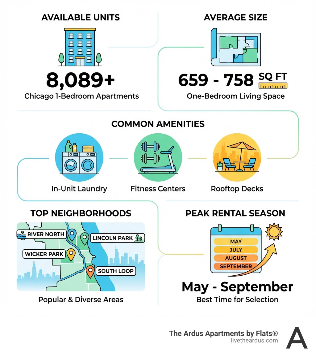 Infographic showing Chicago 1-bedroom apartment statistics including 8,089 available units, average size of 659-758 square feet, common amenities like fitness centers and in-unit laundry, top neighborhoods including River North and Lincoln Park, and peak rental season from May to September - 1 bedroom apt in chicago infographic 