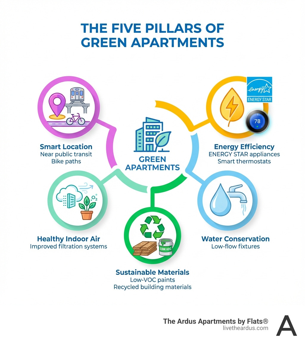 Infographic showing the five pillars of green apartments: Energy Efficiency with ENERGY STAR appliances and smart thermostats, Water Conservation through low-flow fixtures, Sustainable Materials including low-VOC paints and recycled building materials, Healthy Indoor Air with improved filtration systems, and Smart Location near public transit and bike paths - Green apartments Chicago infographic 