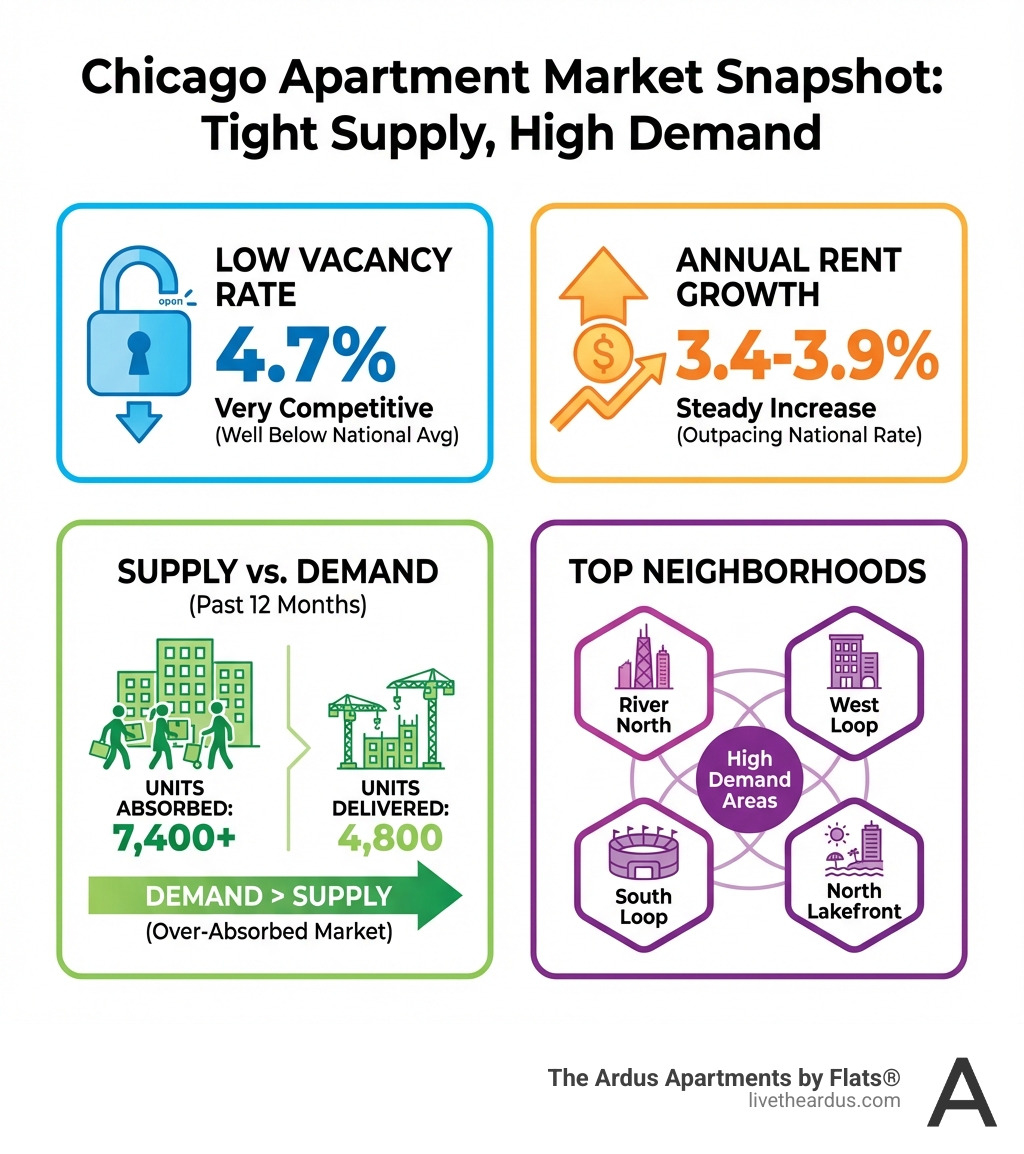 Infographic showing Chicago apartment market statistics: 4.7% vacancy rate, 3.4-3.9% annual rent growth, 7,400 units absorbed versus 4,800 units delivered in past 12 months, and top neighborhoods including River North, West Loop, South Loop, and North Lakefront - Chicago apartment vacancies infographic Infographic showing Chicago apartment market statistics: 4.7% vacancy rate, 3.4-3.9% annual rent growth, 7,400 units absorbed versus 4,800 units delivered in past 12 months, and top neighborhoods including River North, West Loop, South Loop, and North Lakefront - Chicago apartment vacancies infographic