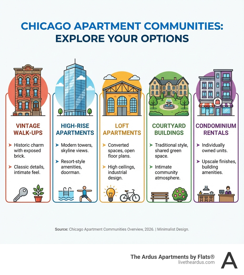 Infographic showing the different types of Chicago apartment communities: Vintage Walk-Ups with brick facades and classic details, High-Rise Apartments featuring modern glass towers with amenities, Loft Apartments in converted industrial spaces with open floor plans, Courtyard Buildings with traditional Chicago architecture and shared green spaces, and Condominium Rentals offering upscale finishes in mixed-use buildings - Chicago apartment communities infographic 