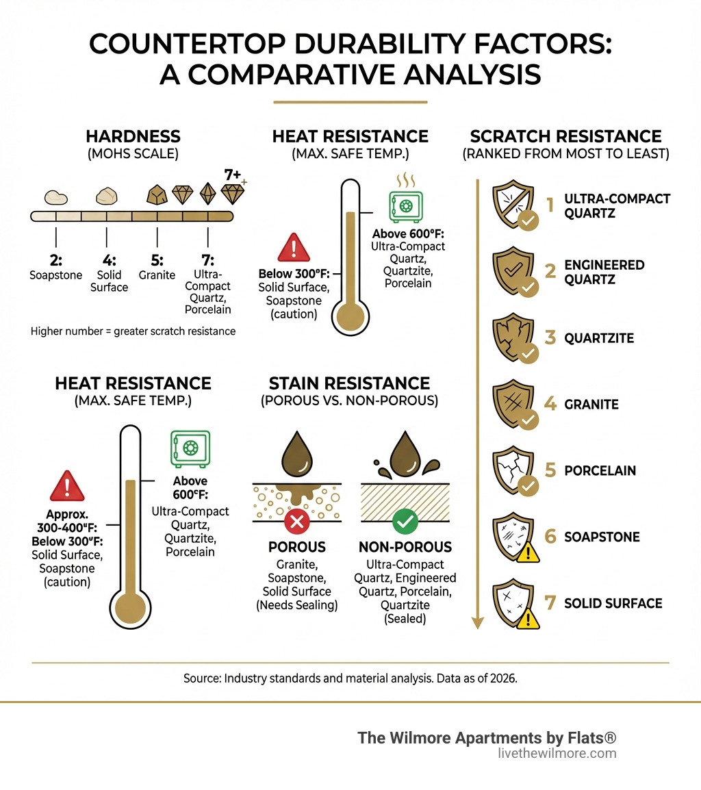 Infographic comparing countertop durability factors: Hardness measured on the Mohs scale from 2-7, Heat Resistance showing maximum safe temperatures, Stain Resistance indicating porous vs. non-porous materials, and Scratch Resistance ranking from most to least resistant materials including ultra-compact quartz, engineered quartz, granite, quartzite, porcelain, soapstone, and solid surface - Durable countertop options infographic 