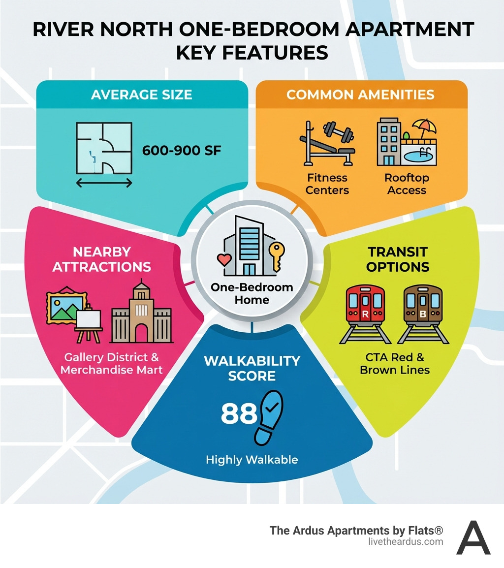 Infographic showing River North one-bedroom apartment key features: average square footage of 600-900 SF, common amenities including fitness centers and rooftop access, nearby attractions like the Gallery District and Merchandise Mart, transit options with CTA Red and Brown Lines, and walkability score of 88 - One Bedroom Apartments River North infographic 