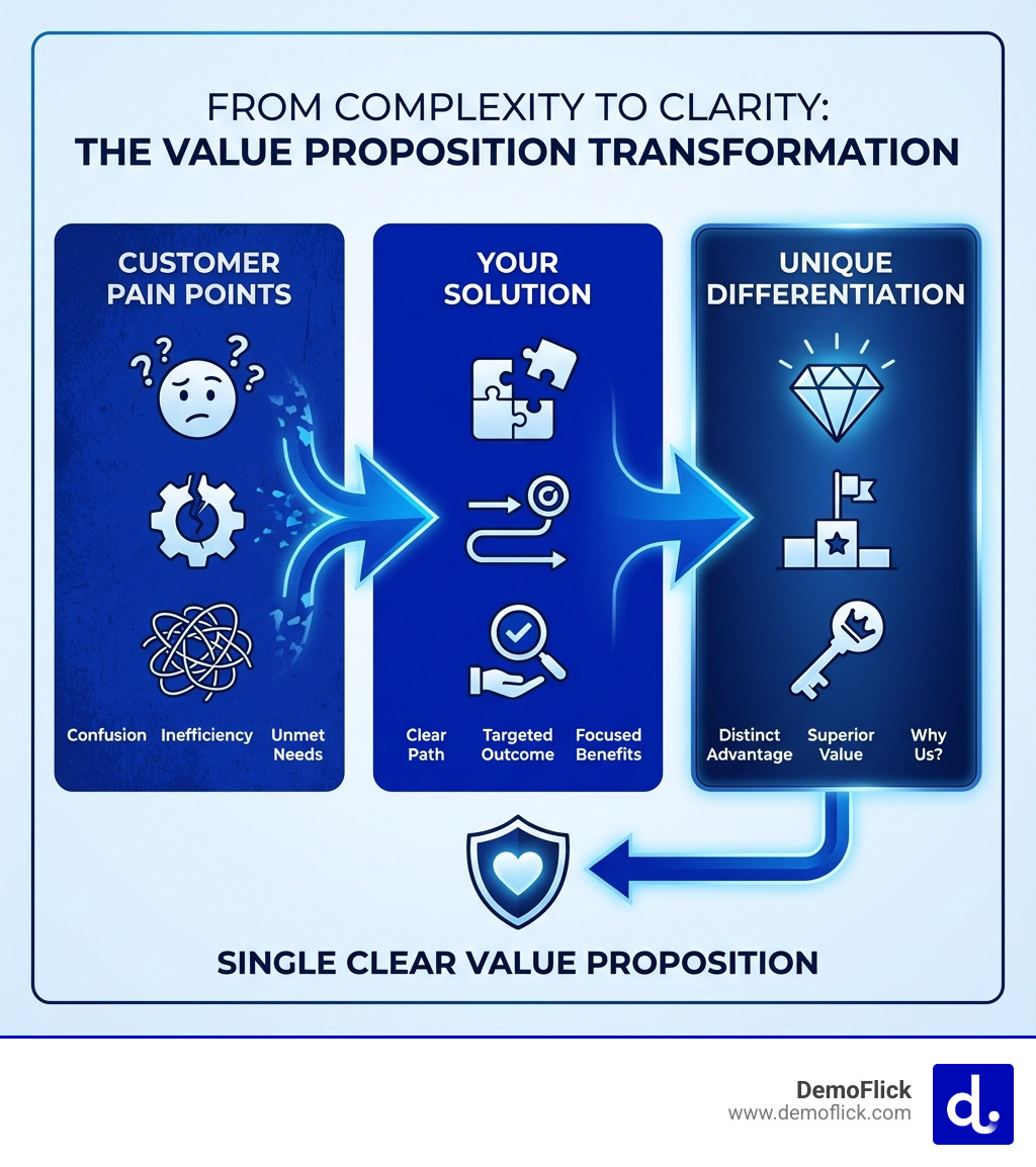Infographic showing the transformation from a complex multi-feature product description to a single clear value proposition statement, with customer pain points on the left, your solution in the center, and unique differentiation on the right, connected by arrows indicating strategic alignment - communicate value proposition infographic Infographic showing the transformation from a complex multi-feature product description to a single clear value proposition statement, with customer pain points on the left, your solution in the center, and unique differentiation on the right, connected by arrows indicating strategic alignment - communicate value proposition infographic