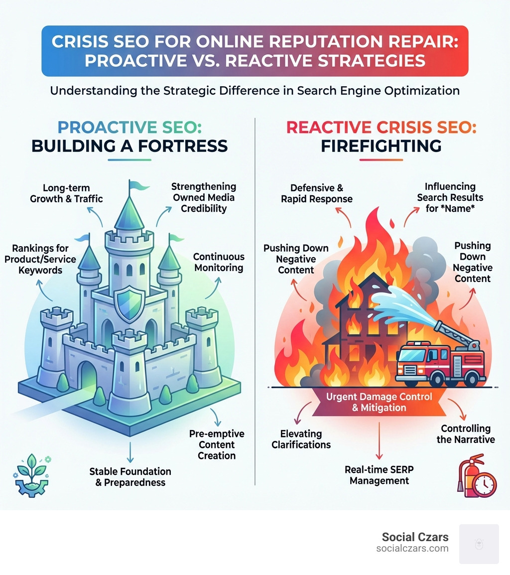 infographic explaining the difference between Proactive SEO (building a fortress) and Reactive Crisis SEO (firefighting) - How Crisis SEO Can Solve Online Reputation Repair infographic 