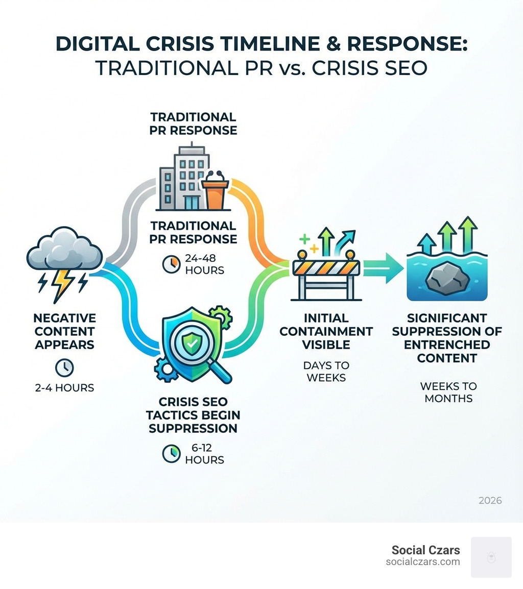 Infographic showing the timeline of a typical digital crisis starting with negative content appearing in 2-4 hours, traditional PR response taking 24-48 hours, versus crisis SEO tactics beginning suppression within 6-12 hours, with initial containment visible in days to weeks, and significant suppression of entrenched content taking weeks to months - Top 10 Agencies for Crisis Communications SEO infographic Infographic showing the timeline of a typical digital crisis starting with negative content appearing in 2-4 hours, traditional PR response taking 24-48 hours, versus crisis SEO tactics beginning suppression within 6-12 hours, with initial containment visible in days to weeks, and significant suppression of entrenched content taking weeks to months - Top 10 Agencies for Crisis Communications SEO infographic