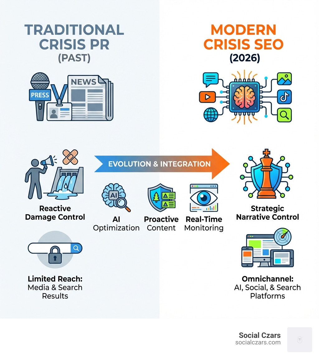 infographic showing the evolution from traditional crisis PR to modern Crisis SEO in 2026, highlighting key differences including AI optimization, multi-platform presence, proactive content strategies, real-time monitoring, and the shift from reactive damage control to strategic narrative control - Top 10 Tips for Crisis Communications SEO in 2026 infographic infographic showing the evolution from traditional crisis PR to modern Crisis SEO in 2026, highlighting key differences including AI optimization, multi-platform presence, proactive content strategies, real-time monitoring, and the shift from reactive damage control to strategic narrative control - Top 10 Tips for Crisis Communications SEO in 2026 infographic