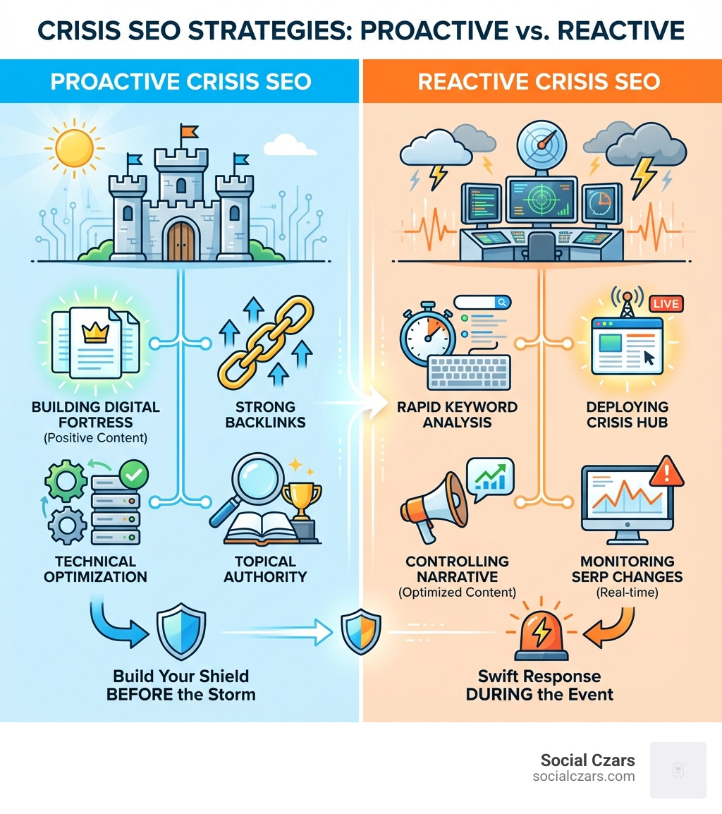Infographic showing the difference between proactive Crisis SEO (building digital fortress with positive content, strong backlinks, technical optimization, and topical authority) and reactive Crisis SEO (rapid keyword analysis, deploying crisis hub, controlling narrative with optimized content, and monitoring SERP changes in real-time) - Why Crisis Communications Need Crisis SEO Expertise infographic 
