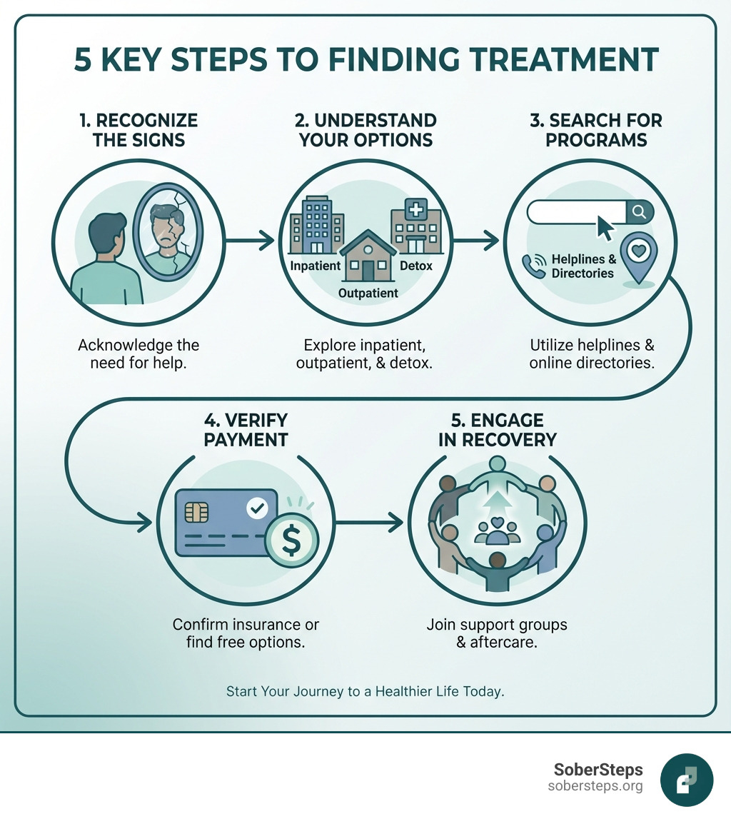 Infographic showing 5 key steps to finding treatment: Step 1 shows a person looking in mirror representing recognizing the signs of addiction, Step 2 shows multiple treatment facility icons representing understanding your options like inpatient outpatient and detox, Step 3 shows a search bar and location pin representing searching for programs using helplines and directories, Step 4 shows insurance card and dollar sign representing verifying payment through insurance or finding free options, Step 5 shows people in circle representing engaging in recovery through support groups and aftercare - Find drug treatment infographic 