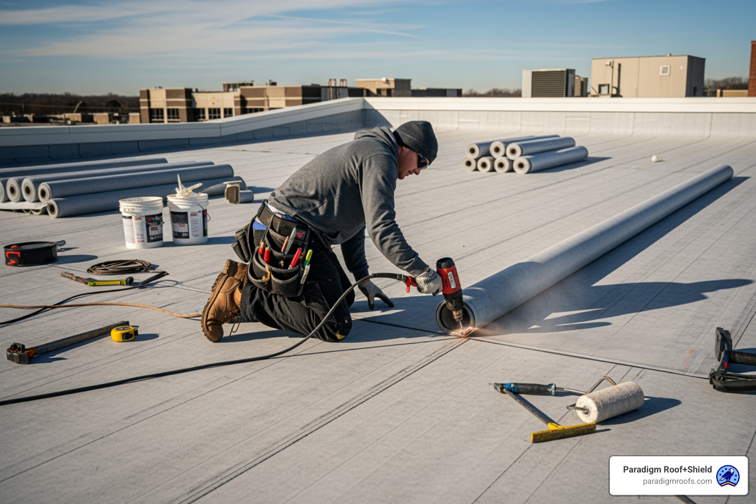contractor installing a TPO roofing membrane on a large flat roof - commercial roofing contractors mckinney contractor installing a TPO roofing membrane on a large flat roof - commercial roofing contractors mckinney
