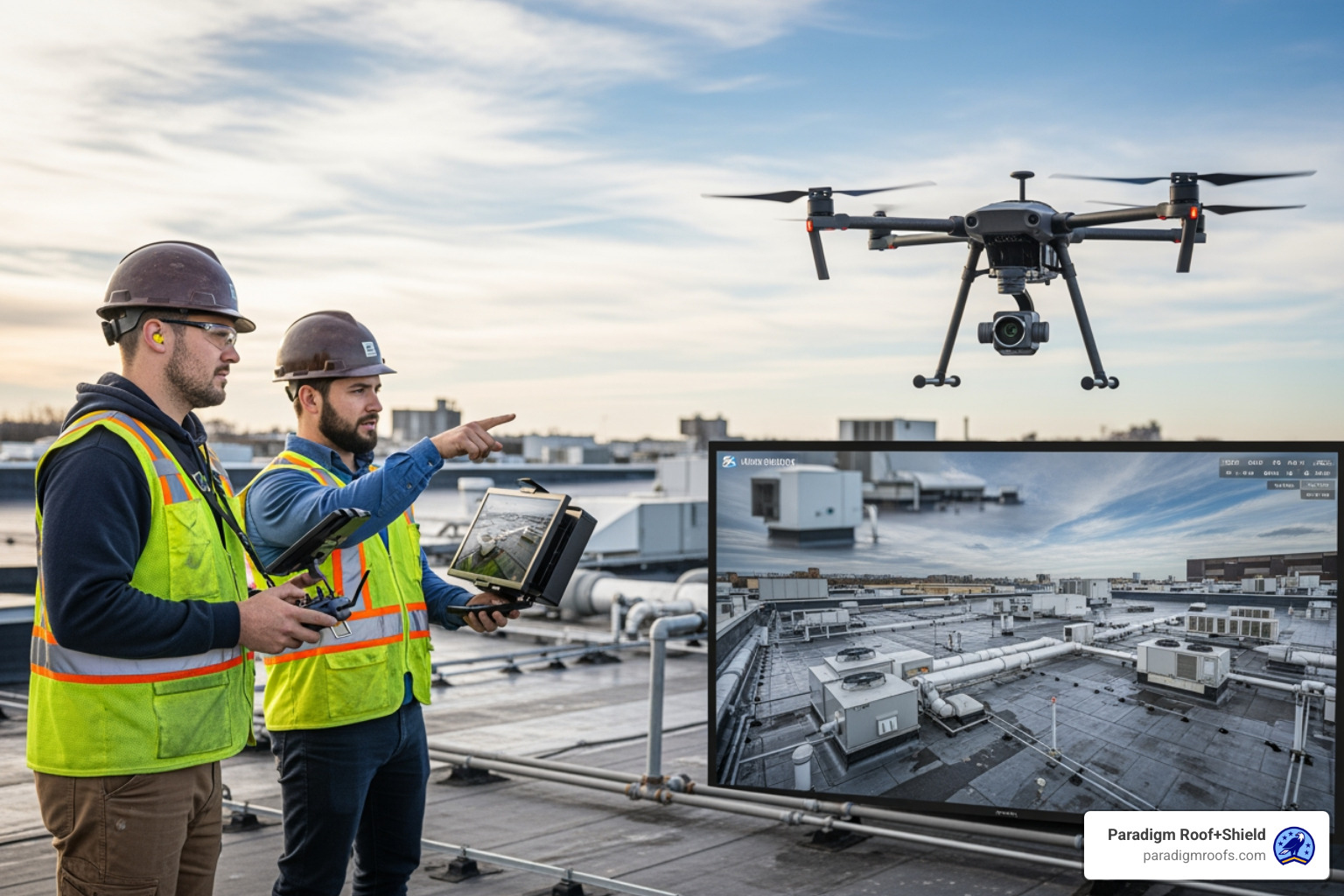 roofing team conducting a detailed roof inspection using a drone - commercial roofing contractors mckinney roofing team conducting a detailed roof inspection using a drone - commercial roofing contractors mckinney